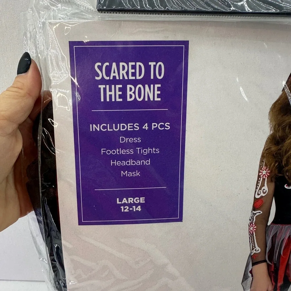 Scared To The Bone Halloween Costume Dress Tights Headband Mask Large 12-14 Girl